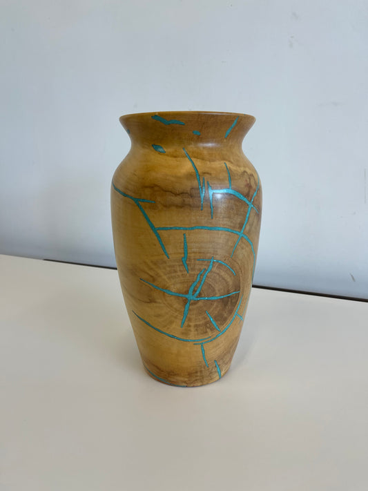 Studio-craft Turned Wood Vase with Turquoise Inlay