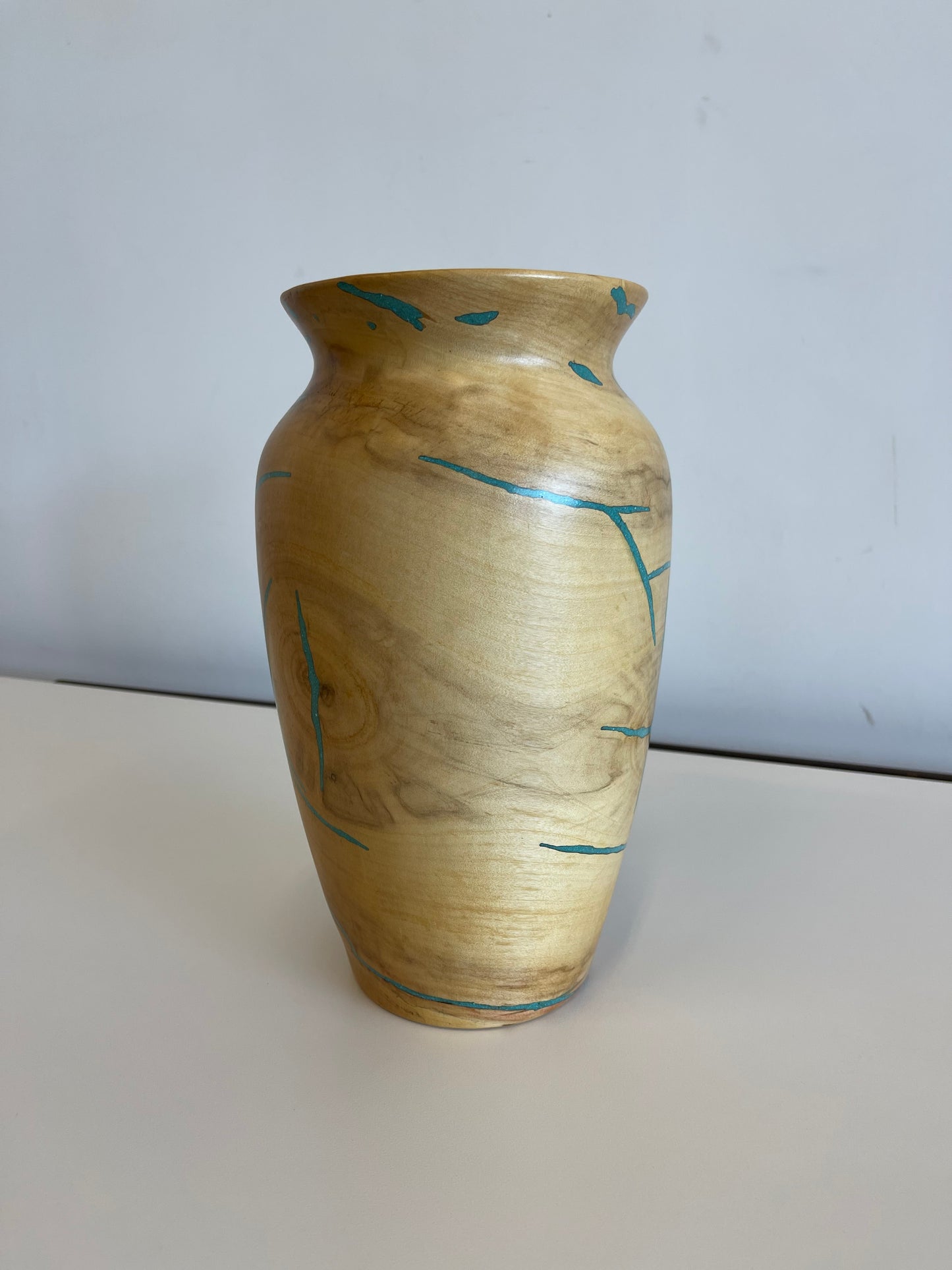 Studio-craft Turned Wood Vase with Turquoise Inlay