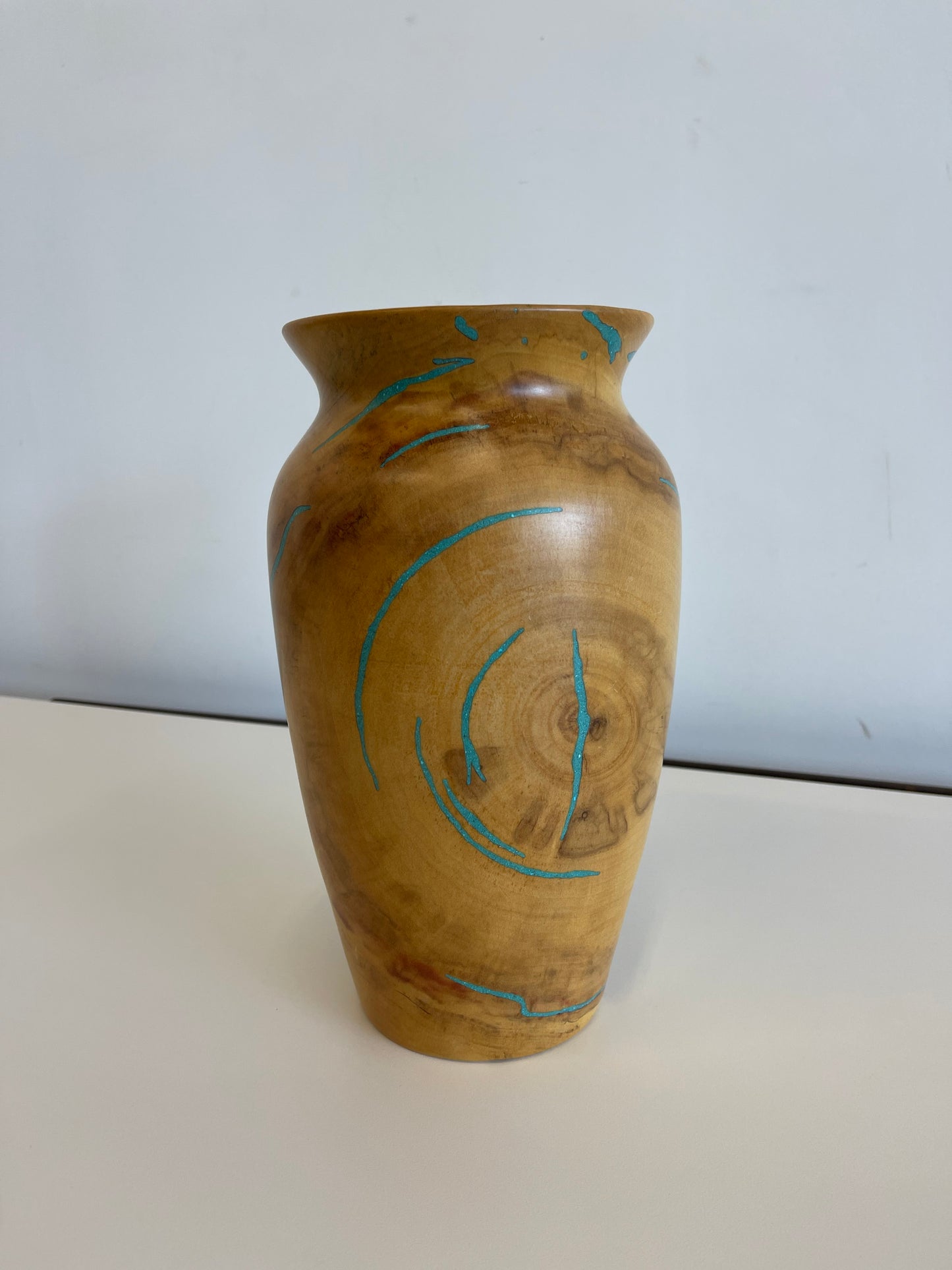 Studio-craft Turned Wood Vase with Turquoise Inlay