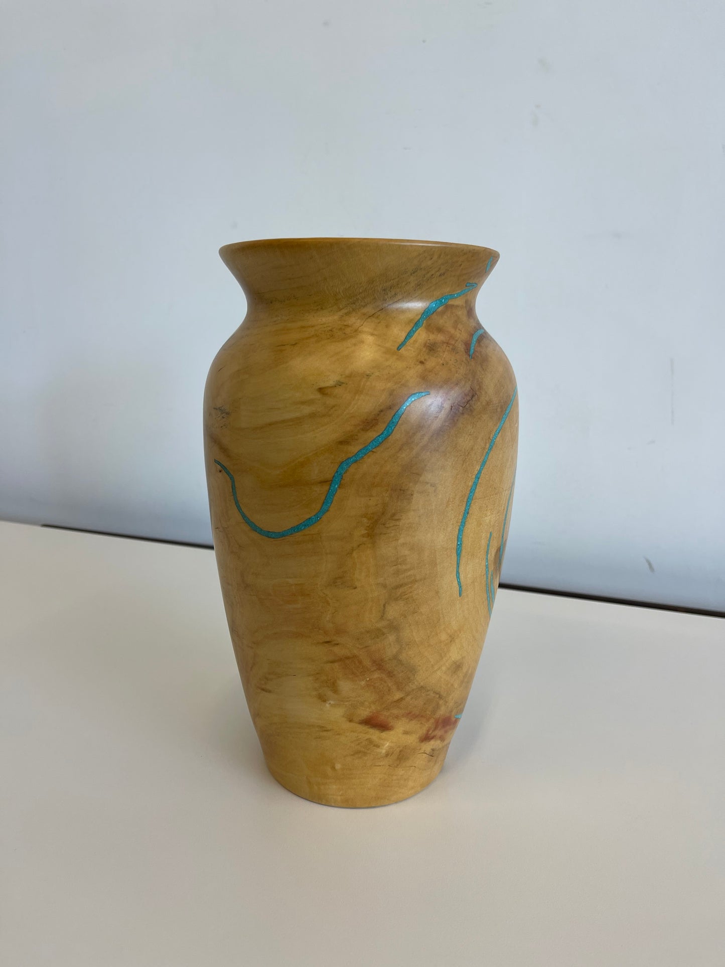 Studio-craft Turned Wood Vase with Turquoise Inlay