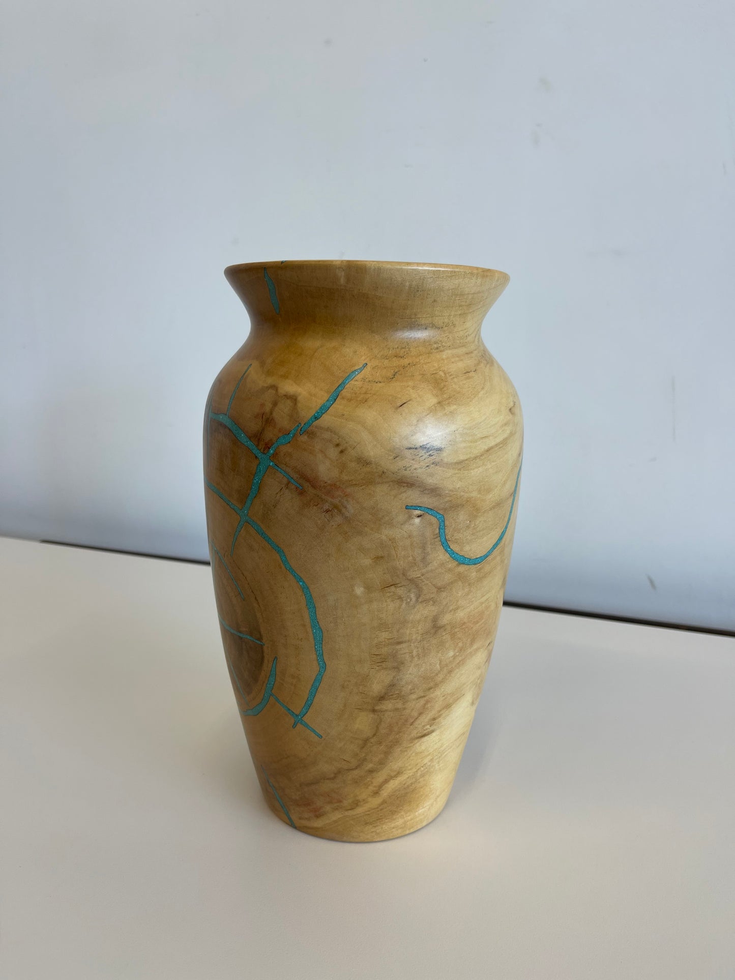 Studio-craft Turned Wood Vase with Turquoise Inlay