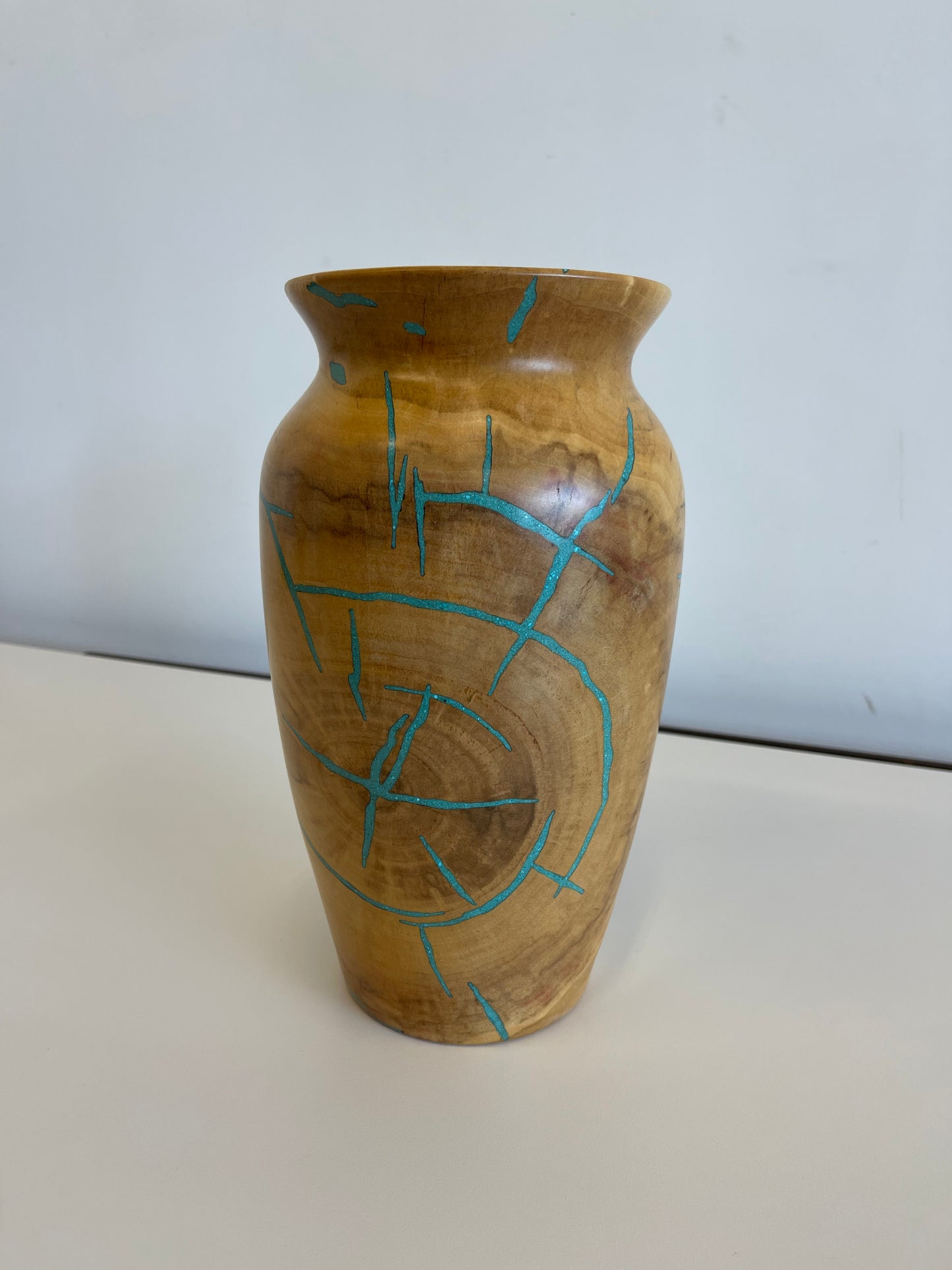 Studio-craft Turned Wood Vase with Turquoise Inlay