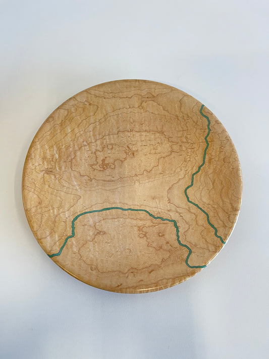 Studio-Craft Curly Maple Turned Plate with Turquoise Inlay